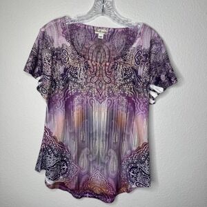 World Unity Womens Purple Paisley Pleated Scoop Neck Top Short Sleeve Size M